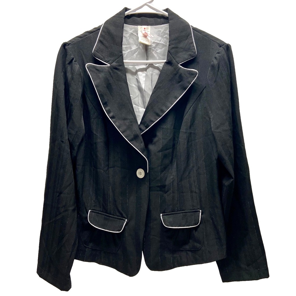 Heart Soul Blazer Jacket Women's XL Black Shimmer White Trim 1 Button Y2K GUC